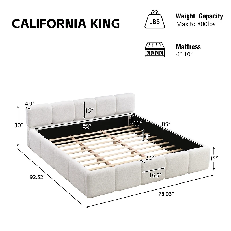 Streamdale Furniture California King Boucle Platform Bed with Thick Headboard and Footboard