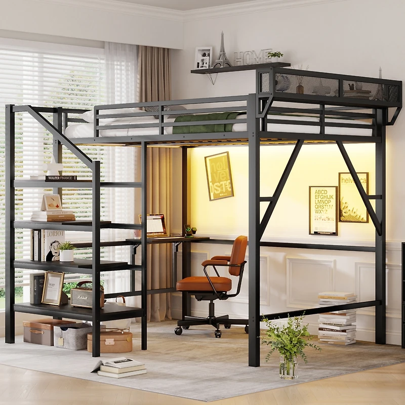 Streamdale Furniture Queen Loft Bed with Foldable Desk, Charging Station, and Storage Staircase
