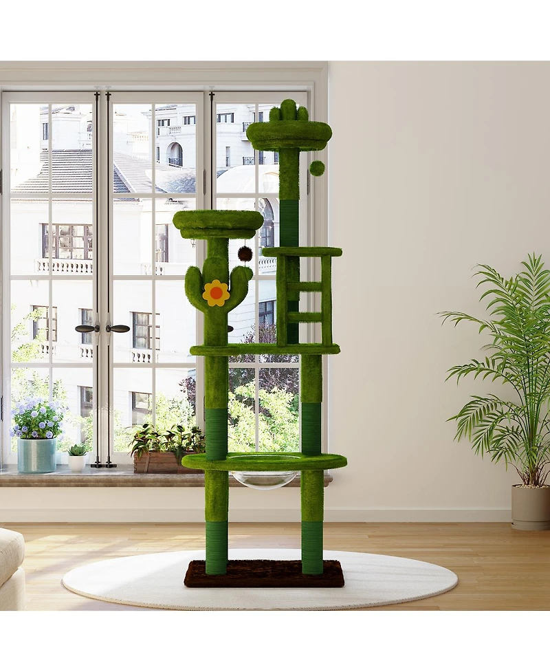 Streamdale Furniture 72in Cactus Cat Tree With Transparent Capsule, Scratching Posts And Perches