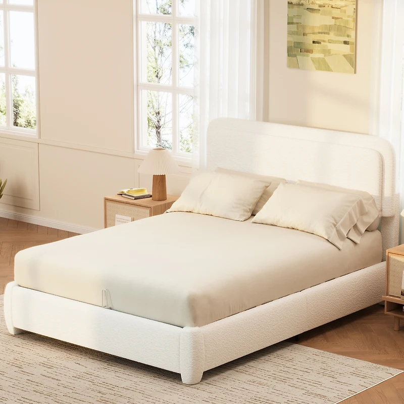 Streamdale Furniture Boucle Queen Bed Frame with Adjustable Curved Cloud Headboard