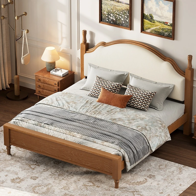 Streamdale Furniture King Size Wood Platform Bed with Upholstered Headboard, Frame Fabric