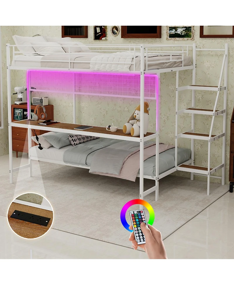 Streamdale Furniture Full Over Twin Metal Bunk Bed with Desk and Led Lighting