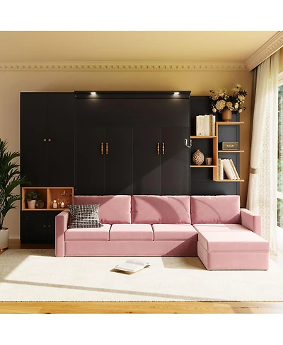 Streamdale Furniture Queen Size Murphy Bed With Sofa, Storage And Lights