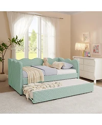 Streamdale Furniture Cozy Gingham Twin Daybed With Trundle, Usb Port, And Wave-Shaped Backrest