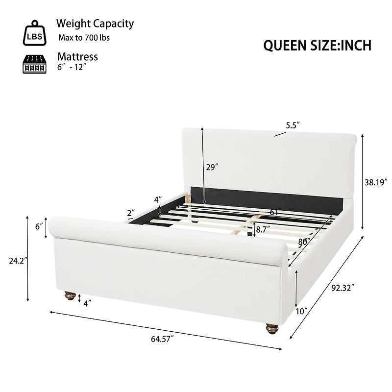 Streamdale Furniture Queen Size Upholstered Linen Bed Frame with Thick Headboard
