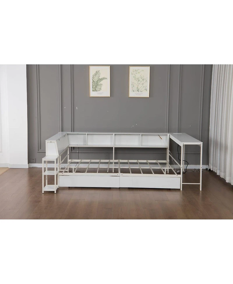 Streamdale Furniture Full Size Corner Bed Frame With Storage, Led Lights, And Charging Station