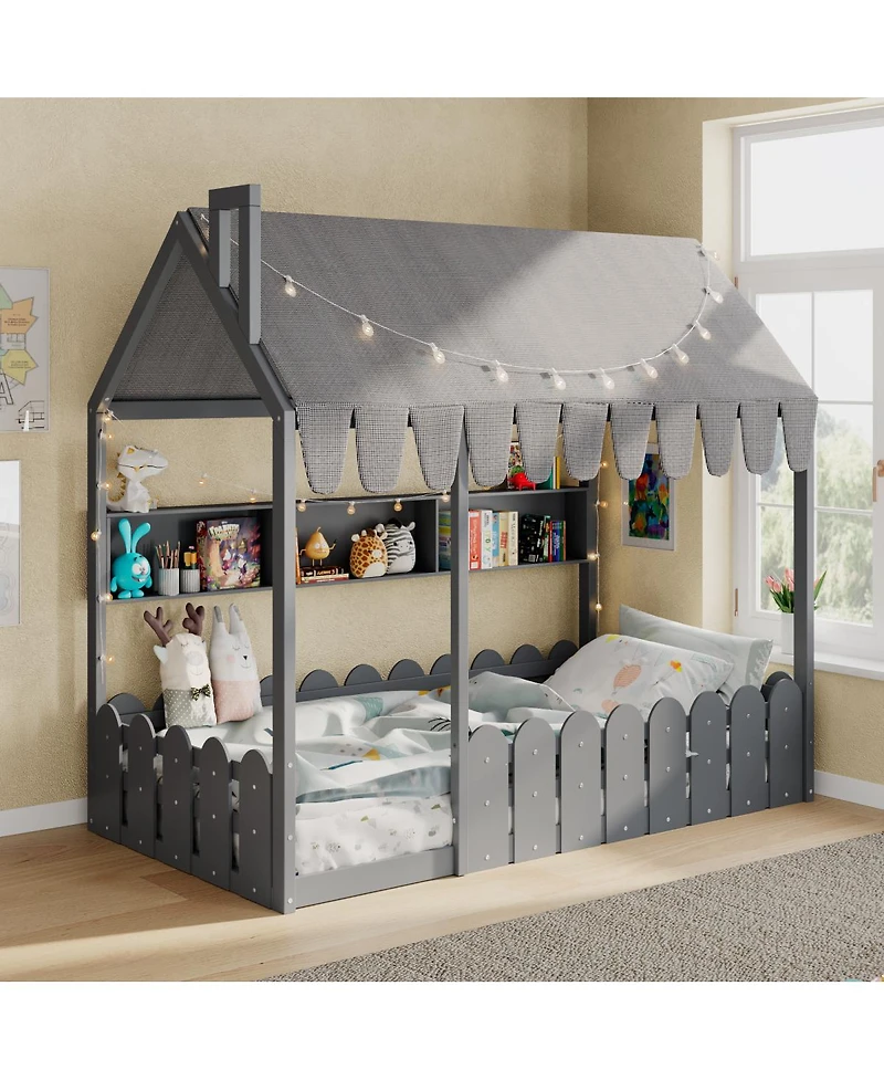 Streamdale Furniture Twin Montessori House Bed with Fence, Storage and Lights