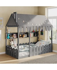 Streamdale Furniture Twin Montessori House Bed with Fence, Storage and Lights