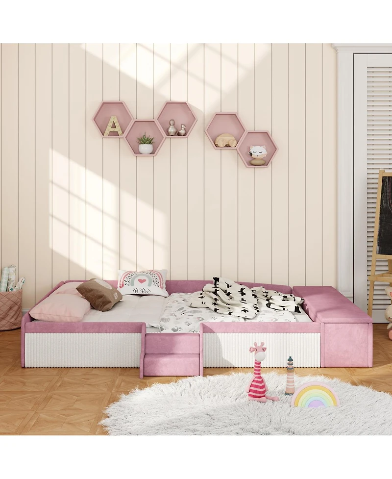 Streamdale Furniture Queen Velvet Daybed with Stairs, Gas Lift Storage and Padded Guardrails