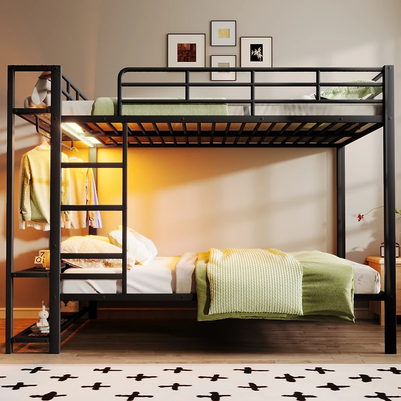 Streamdale Furniture Queen Size Metal Bunk Bed With Storage Shelves, Hooks, And Led Lights