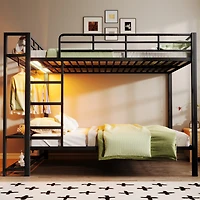 Streamdale Furniture Queen Size Metal Bunk Bed With Storage Shelves, Hooks, And Led Lights