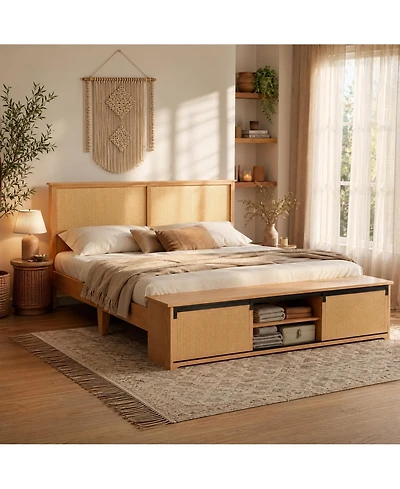 homfan Rattan Headboard Platform Bed with Bedside Storage, Sliding Door Storage Bench and Color-Changing Led Lighting, Quiet Support, Easy Assembly