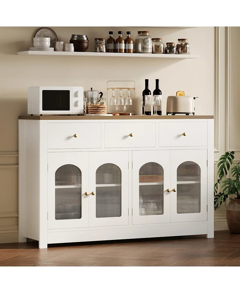 homfan Farmhouse Sideboard Buffet Cabinet with Fluted Acrylic/Glass Doors, Shelves, Multi-Drawer Storage for Kitchen, Entryway or Media Console