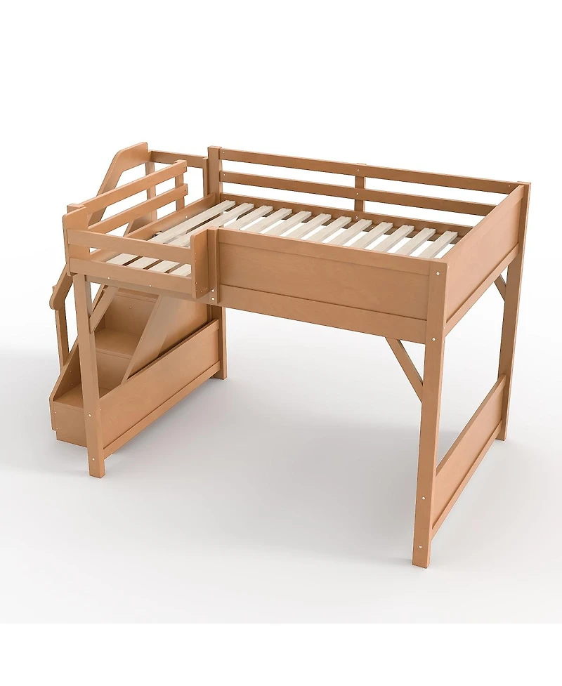 Streamdale Furniture Full Size Solid Wood Loft Bed with Wardrobe, Storage, and Stairs