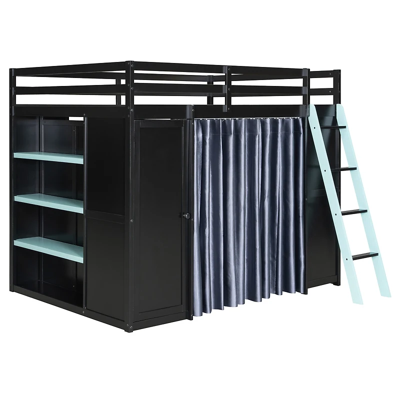 Streamdale Furniture Full Size Wood Loft Bed with Wardrobe, Shelves, Curtains and Lights