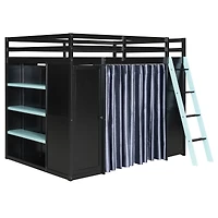 Streamdale Furniture Full Size Wood Loft Bed with Wardrobe, Shelves, Curtains and Lights
