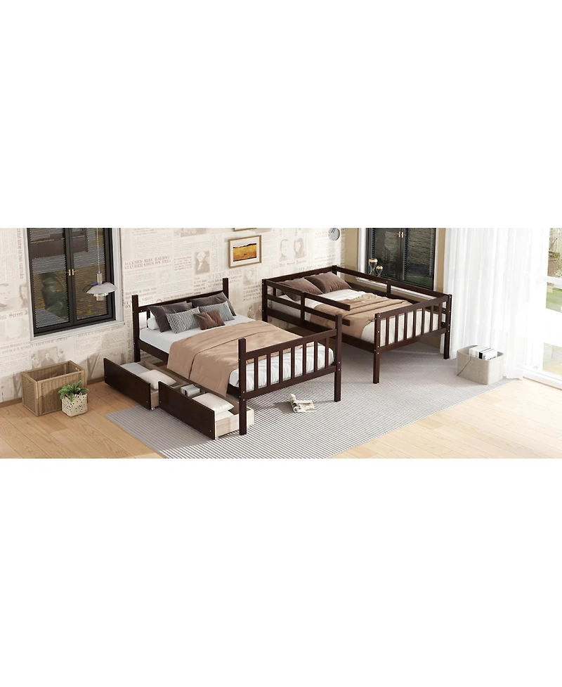 Streamdale Furniture Twin Over Twin Rubber Wood Bunk Bed with 2 Drawers, Convertible to 2 Twin Beds
