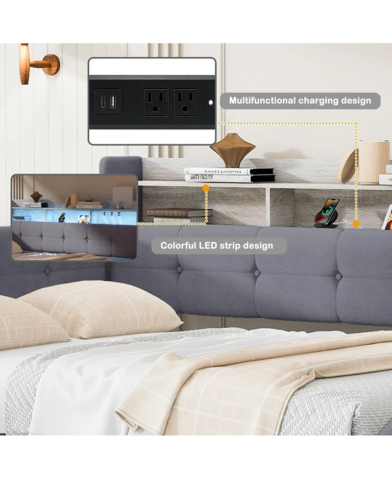 Streamdale Furniture Upholstered Daybed With Storage, Drawers, Usb, Led Lights, And Shelves