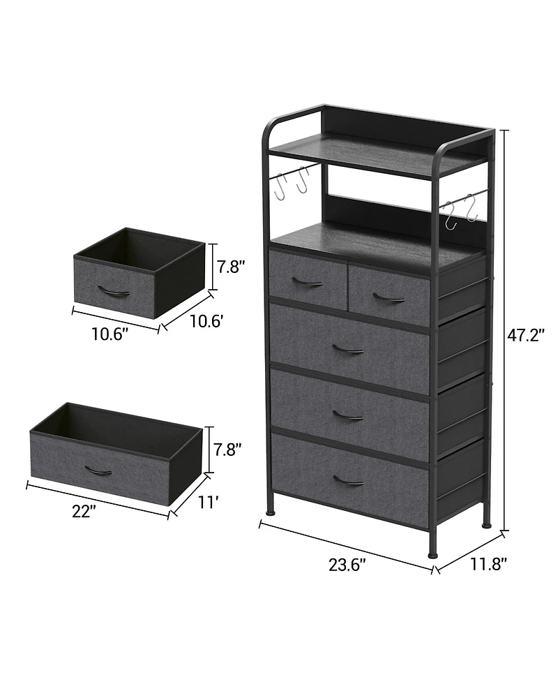 homfan Slim Vertical Storage Dresser with Fabric Drawers, Open Shelves and Removable Hooks, Steel Frame and Easy-Clean Top, Anti-Tip Ready