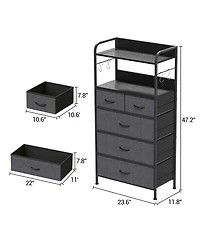 homfan Slim Vertical Storage Dresser with Fabric Drawers, Open Shelves and Removable Hooks, Steel Frame and Easy-Clean Top, Anti-Tip Ready
