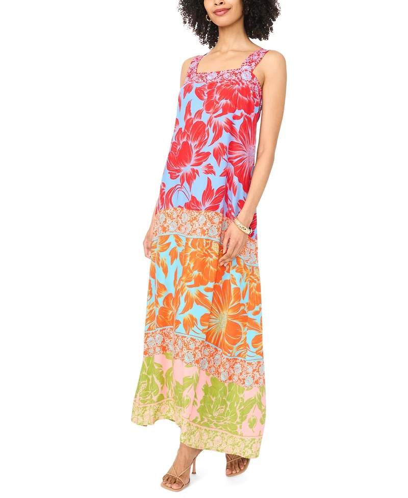 Vince Camuto Women's Smocked Panel Thick Strap Printed Maxi Dress