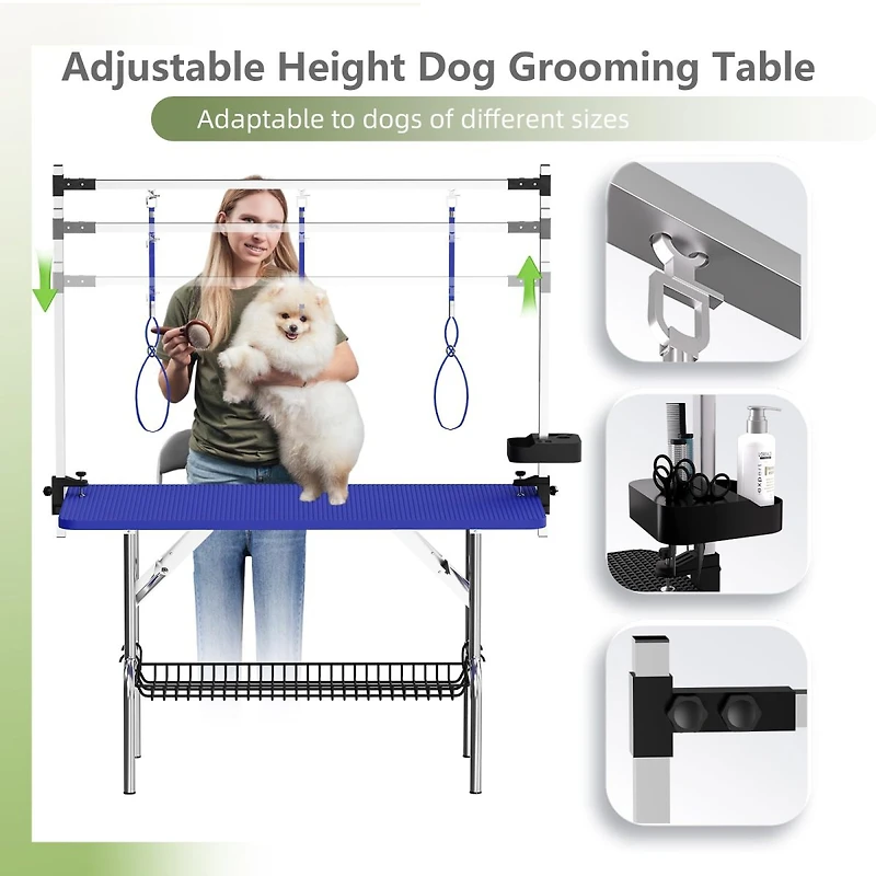 Streamdale Furniture 47 Inch Foldable Stainless Steel Dog Grooming Table with Adjustable Arms and Tray