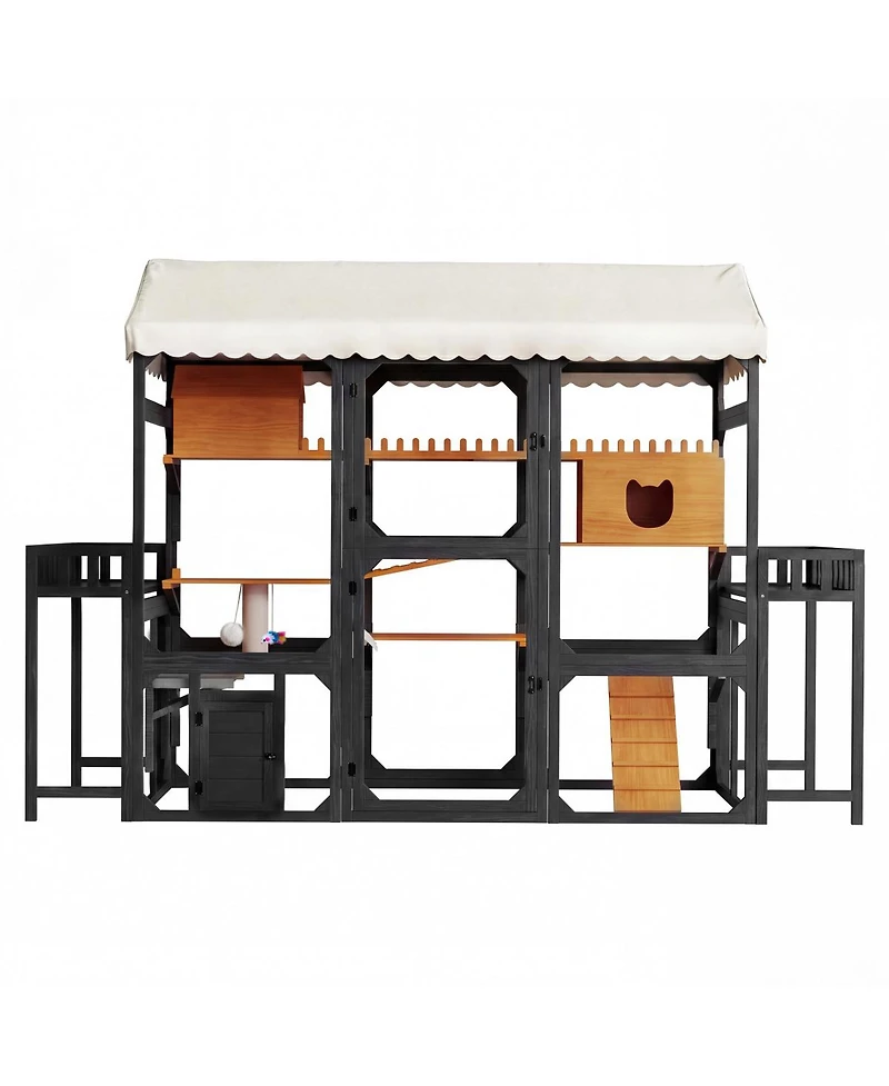 Streamdale Furniture Large Wooden Outdoor Catio with Multi-Level Playpen and Weather-Resistant Roof