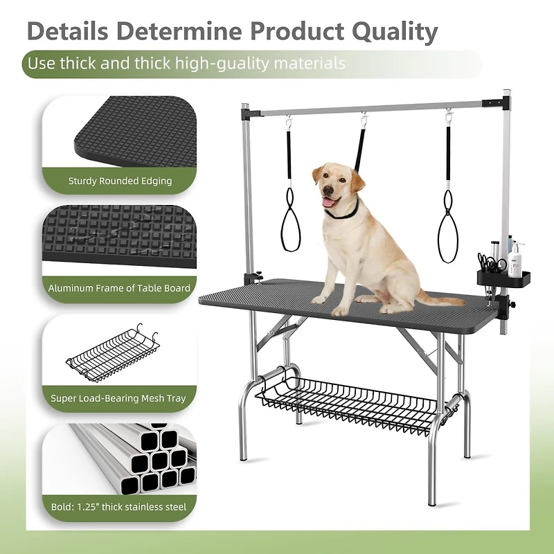 Streamdale Furniture 47 Inch Foldable Stainless Steel Dog Grooming Table with Adjustable Arms and Tray