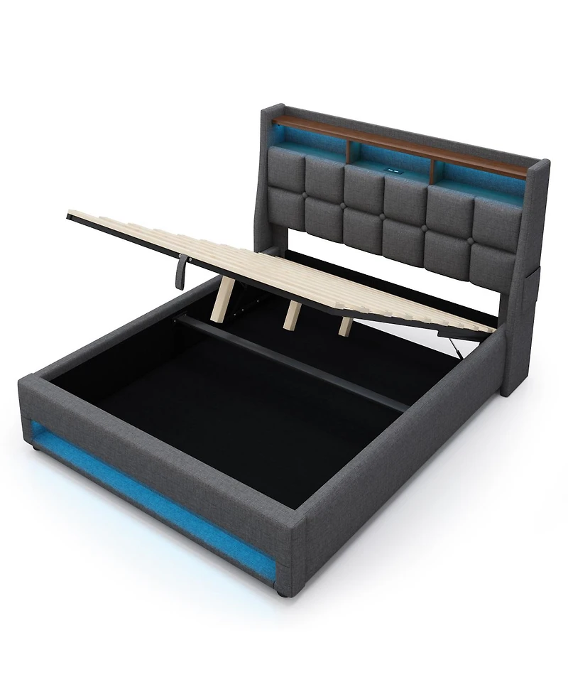 Streamdale Furniture Upholstered Platform Bed with Hydraulic Storage, Led and Charging Station