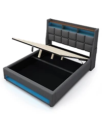 Streamdale Furniture Upholstered Platform Bed with Hydraulic Storage, Led and Charging Station
