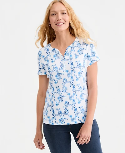 Style & Co Women's Printed Short-Sleeve Henley Top, Macy's Exclusive