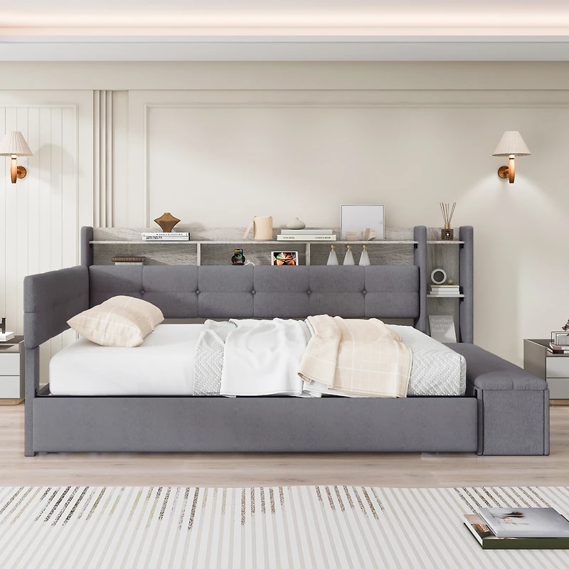 Streamdale Furniture Twin Upholstery Daybed with Trundle, Storage, Usb and Led Light