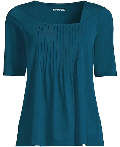 Lands' End Plus Elbow Sleeve Lightweight Jersey Pintuck Square Neck Top