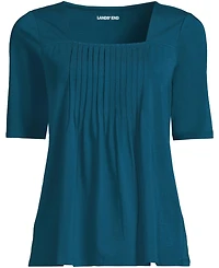 Lands' End Plus Elbow Sleeve Lightweight Jersey Pintuck Square Neck Top
