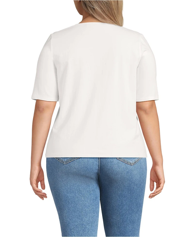 Lands' End Plus Elbow Sleeve Lightweight Jersey Pintuck Square Neck Top