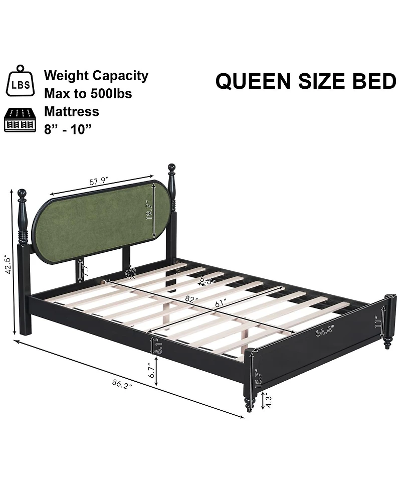 Streamdale Furniture Queen Solid Wood Platform Bed with Upholstered Headboard
