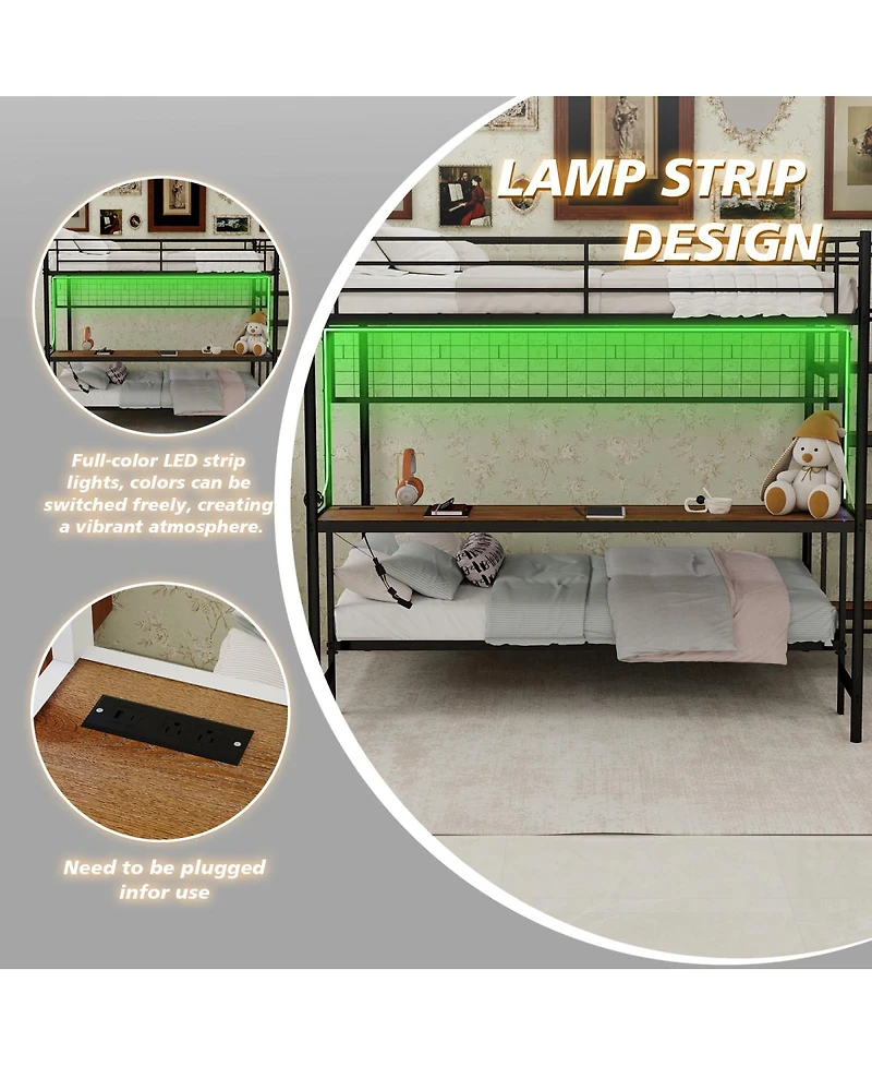 Streamdale Furniture Metal Bunk Bed with Desk and Led Lights