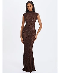 Miss Circle Women's Tyanna Mocha Burnout Velvet Mesh Backless Mermaid Maxi Dress