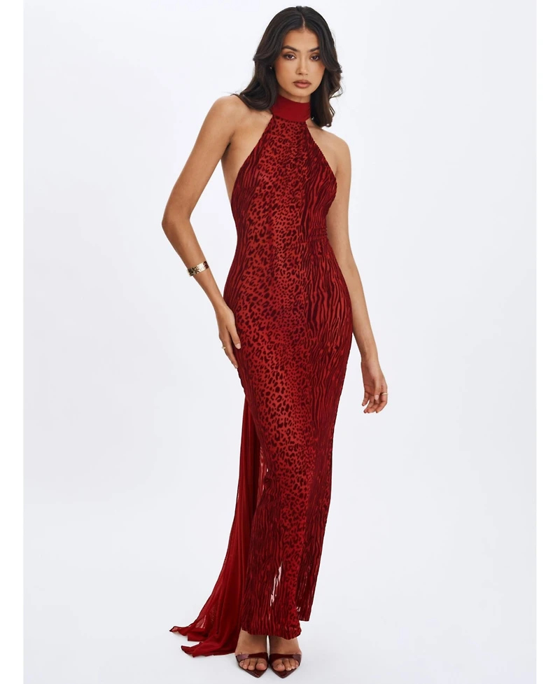 Miss Circle Women's Cerise Scarlet Burnout Velvet Multiwear Mesh Ribbon Maxi Dress