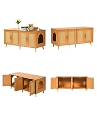 6thdruple Cat Litter Box Enclosure, Natural Wooden Furniture Cabinet with Rattan Doors, Hidden for 2 Cats