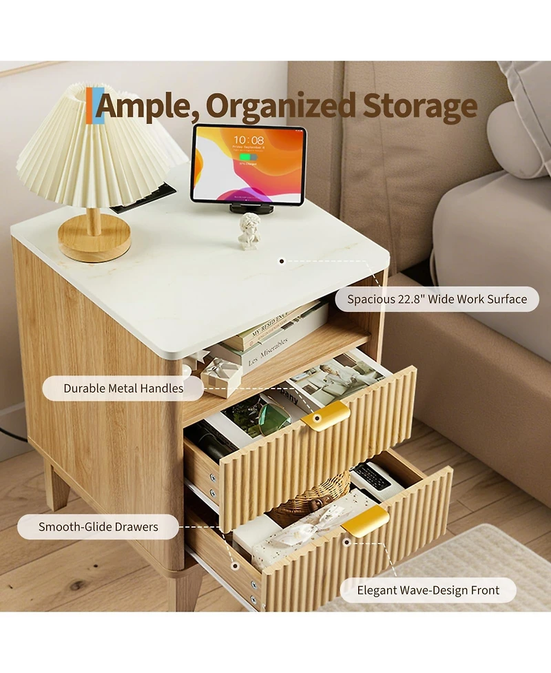 homfan 18 Inch Small Nightstand with Charging Station and Faux Marble Top, 2 Drawers Modern Curved Bedside Table for Bedroom Living Room