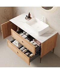 Sillysis Modern Bathroom Vanity with Rectangular Ceramic Sink, Oak Striped Texture, 2 Drawers and 1 Door