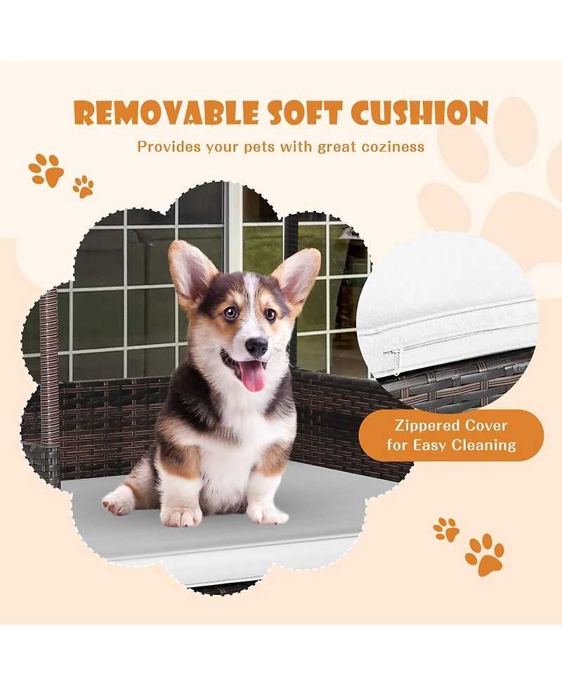 Gymax Wicker Dog House w/ Cushion Lounge Raised Rattan Bed for Indoor/Outdoor