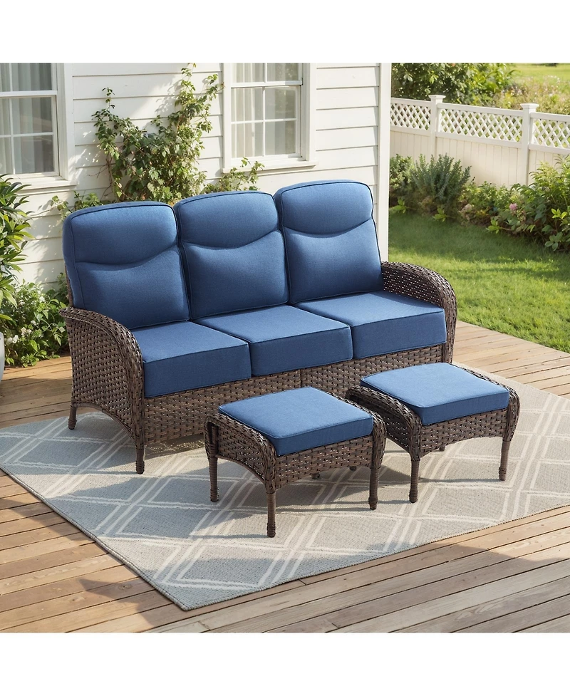 Pocassy Pieces Patio Furniture Set All-Weather Outdoor Wicker Conversation Sofa Patio Seating Sofa with Cushion and Ottoman for Porch
