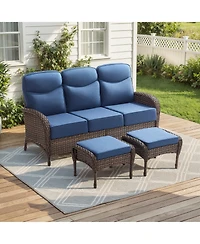 Pocassy Pieces Patio Furniture Set All-Weather Outdoor Wicker Conversation Sofa Patio Seating Sofa with Cushion and Ottoman for Porch