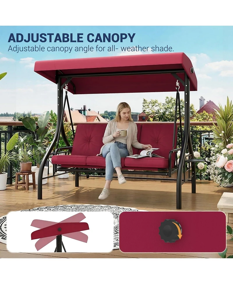 homfan 3-Seat Outdoor Swing with Adjustable Canopy, 2-in-1 Swing Bed, Thick Cushions, Cup Holders and Tray, Weather-Resistant Patio Furniture