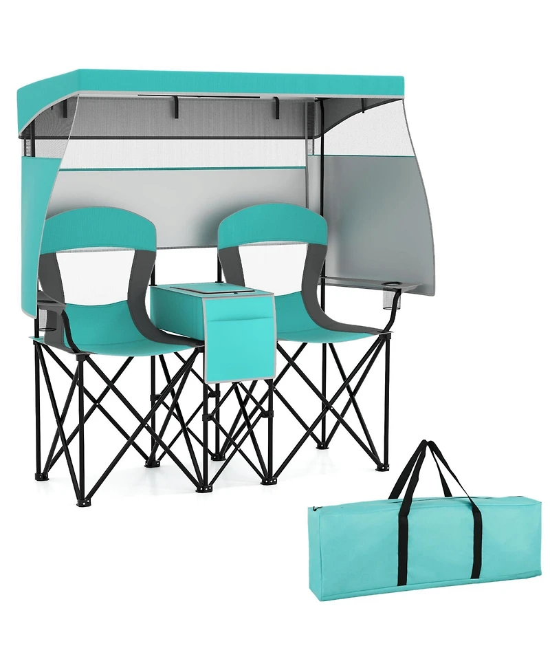 Sugift Double Beach Chair with Adjustable Canopy and 3-Side Shading Curtains