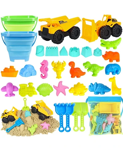 Gnuadz 31-piece Beach Sand Construction Vehicle Bucket Castle Molds Mesh Bag Outdoor Toys Kids