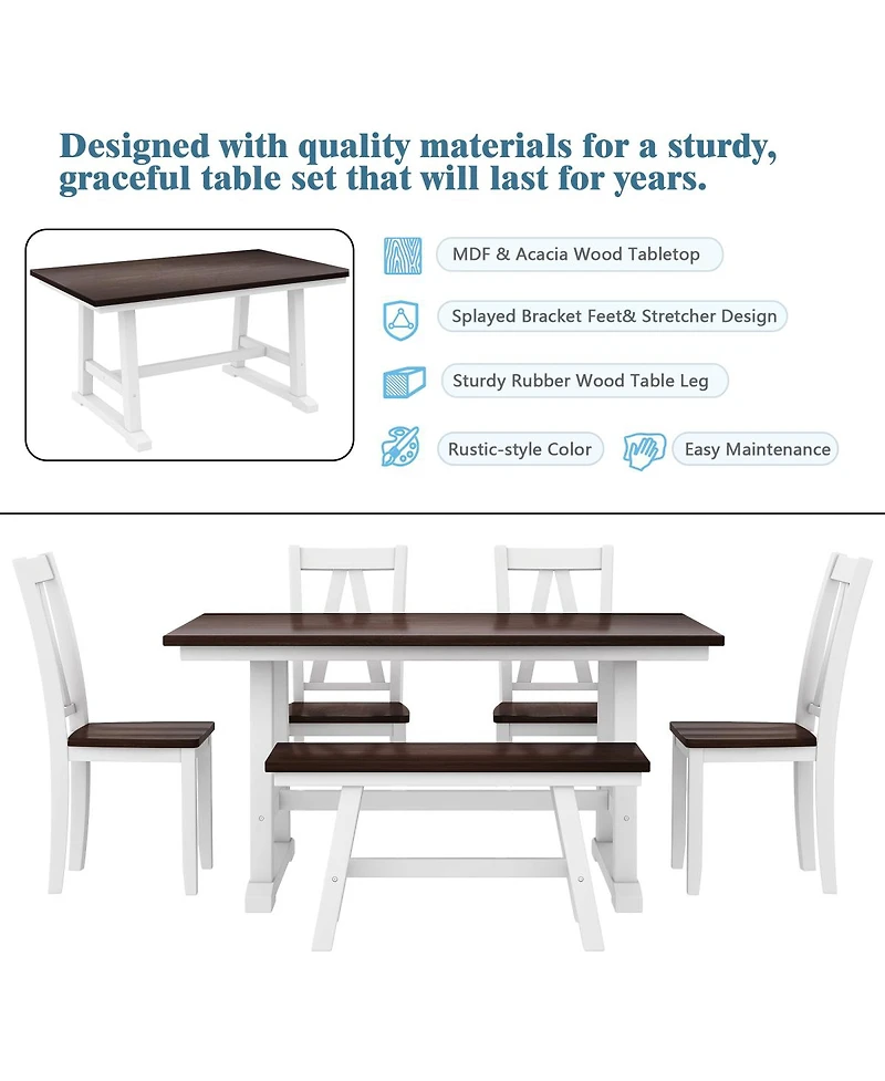 Streamdale Furniture Farmhouse 6-Piece Dining Set with Bench and 4 Chairs