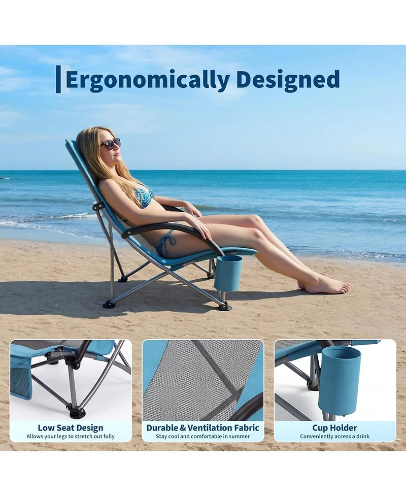 gaomon Folding Portable High Beach Chair with Cup Holder, Storage Pocket and Carry Bag for Camping, Beach, Travel